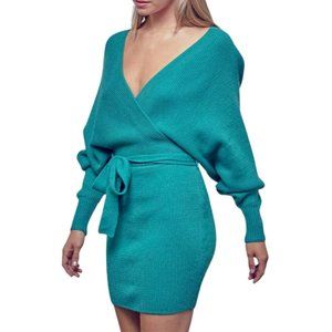 FORE Wrap-Effect Ribbed-Knit Mini Dress In Jade (NWOT)